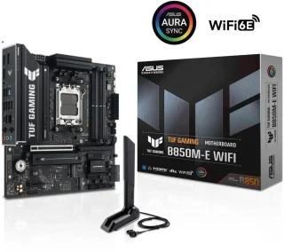 ASUS TUF GAMING B850M-E WIFI AMD B850 mATX motherboard, 8+2+1 80A DrMOS power stages, DDR5, PCIe 5.0, 3 M.2 slots, WiFi 6E, 2.5Gb Ethernet, DisplayPort, HDMI, rear USB-C 10Gbps and front USB-C 5Gbps