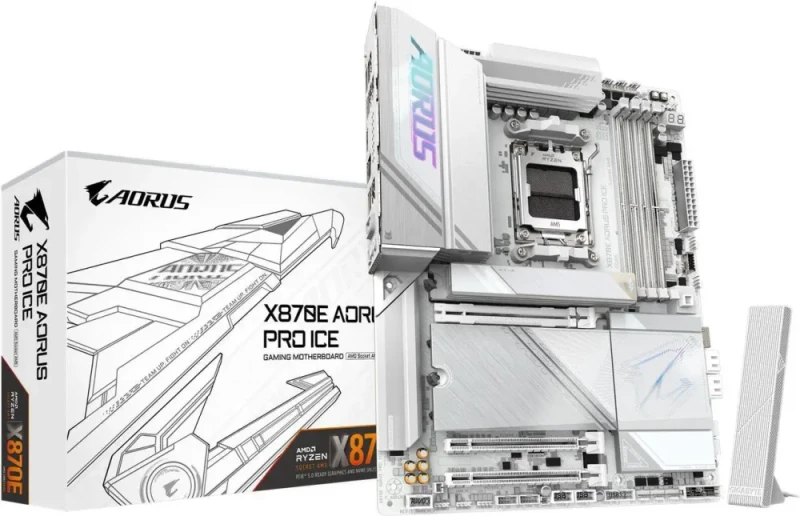 GIGABYTE X870E AORUS PRO ICE AM5 LGA 1718, ATX, DDR5, 4x M.2, PCIe 5.0, USB4, Wi-Fi 7, 2.5GbE LAN, EZ-Latch, 5-Year Warranty - Featured Image