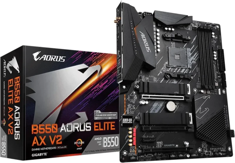 GIGABYTE B550 AORUS ELITE AX V2 AM4 AMD B550 ATX Motherboard with Dual M.2, SATA 6Gb/s, USB 3.2 Gen 2, 2.4/5 GHz Dual-Band, 2.5 GbE LAN, PCIe 4.0 - Featured Image