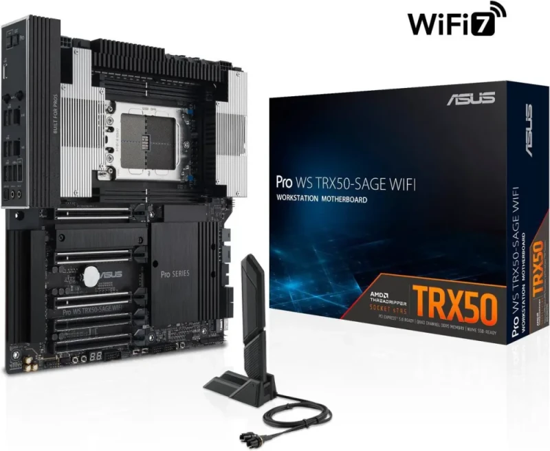 ASUS Pro WS TRX50-SAGE WIFI CEB Workstation motherboard, AMD Ryzen™ Threadripper™ PRO 7000 WX-Series Processors,ECC R-DIMM DDR5, 36 power-stage, WiFi 7,PCIe 5.0 x 16, PCIe 5.0 M.2, 10 Gb and 2.5 Gb LA - Featured Image