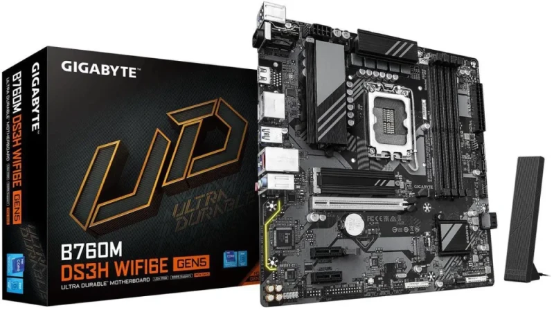 GIGABYTE B760M DS3H WIFI6E GEN5 LGA 1700 Intel B760 M-ATX Motherboard with DDR5, M.2, PCIe 5.0, USB 3.2 Gen 2 Type-C, WIFI6E 2.5GbE LAN, WIFI EZ-Plug, PCIe EZ-Latch - Featured Image