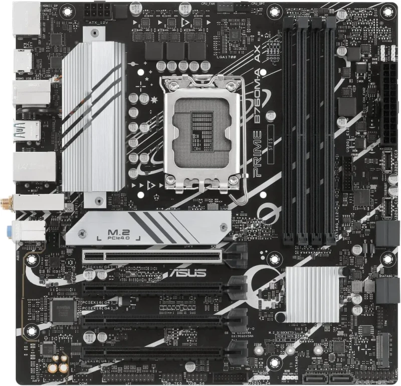 ASUS PRIME B760M-A AX LGA 1700(Intel 12th&13th Gen) microATX motherboard (PCIe 4.0, 2xM.2 slots, DDR5,Realtek 2.5 Gb LAN,WiFi 6, DP,rear USB 3.2 Gen 2, front USB 3.2 Gen 1 Type-C - Featured Image