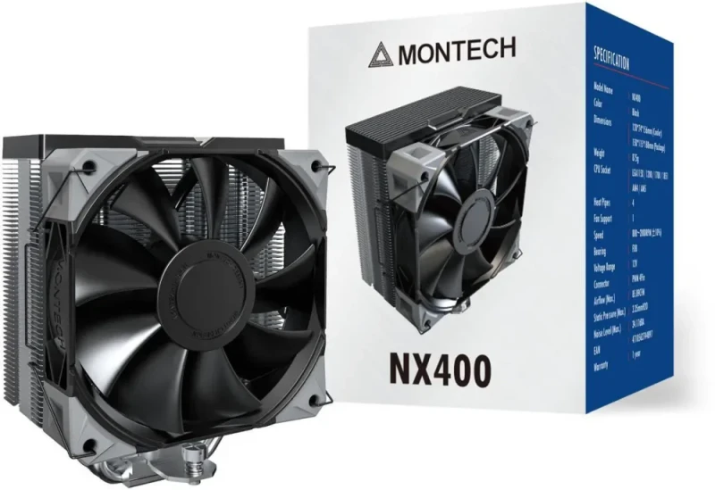 MONTECH NX400 - CPU Air Cooler, Single Tower, 4 Advanced Heat Pipes, 52-fin Heat Sink, E28, 120mm FDB Static Pressure Fan, 28mm Fan Thickness, Corner-cover Footpads, Polished Top Cover - Black - Featured Image