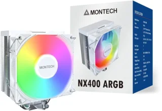 MONTECH NX400 ARGB - CPU Air Cooler, Single Tower, 4 Advanced Heat Pipes, 52-fin Heat Sink, E28, 120mm FDB Static Pressure Fan, 28mm Fan Thickness, Polished Top Cover, ARGB Lightning - White