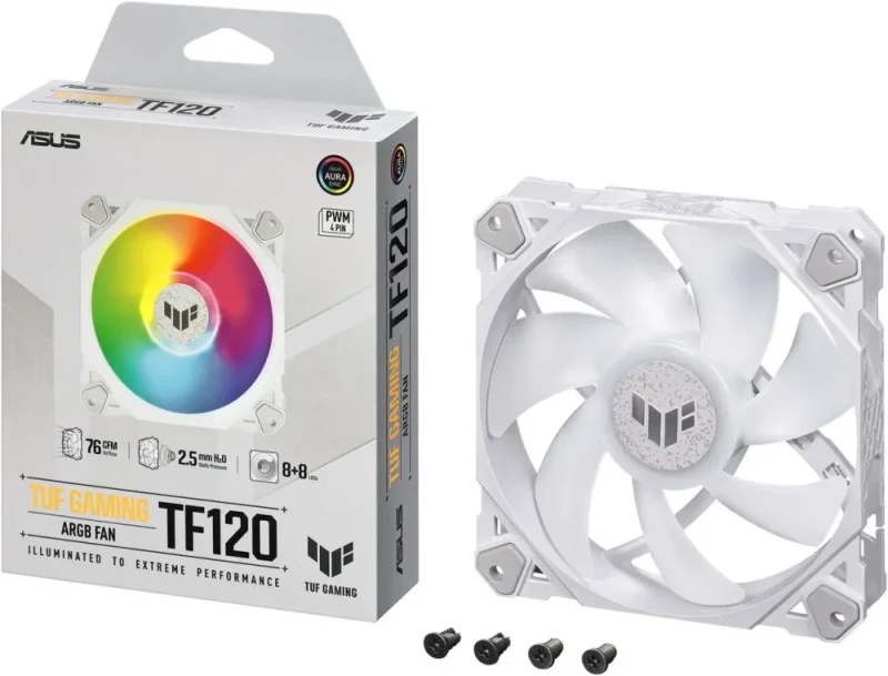 ASUS TUF GAMING TF120 ARGB WHITE EDITION Chassis Fan 3-Pin Customizable LEDs Blade, Advanced Fluid Dynamic Bearing,120mm PWM Control, Anti-vibration Pads, Double-layer LED Array for Computer Case - Featured Image