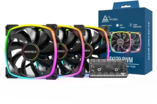 MONTECH AX 120MM - PWM Fan - Silent Performance - High Speed 1600PWM - High-End Durability with HDB Bearing - Stunning Outer Ring ARGB Lighting Design  3 in 1 Pack with 6X6 Fan Hub - Black