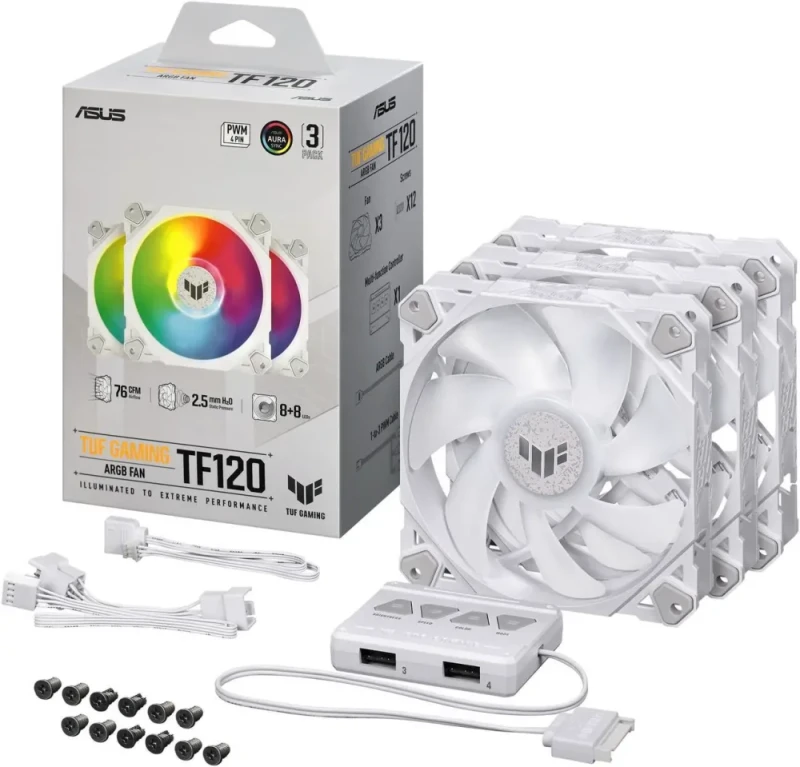 ASUS TUF GAMING TF120 ARGB WHITE EDITION Chassis Fan 3-Pin Customizable LEDs Blade, Advanced Fluid Dynamic Bearing, 120mm PWM Control, Anti-vibration Pads, Double-layer LED Array for Computer Case & L - Featured Image
