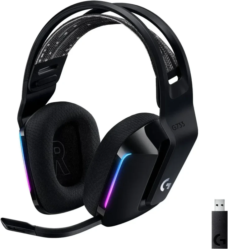 Logitech G733 Lightspeed Wireless Gaming Headset with Suspension Headband, Lightsync RGB, Blue VO!CE mic technology and PRO-G audio drivers - Black - Featured Image