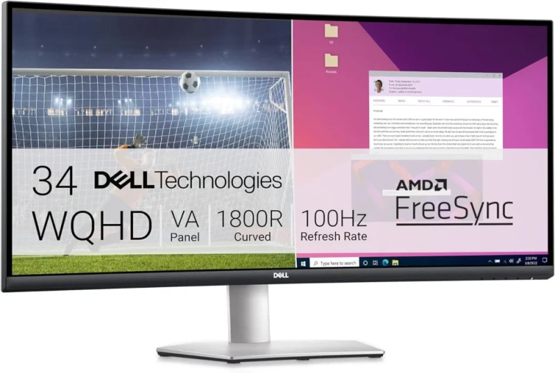 Dell S3423DWC 34-Inch Curved USB-C Monitor WQHD 3440x1440 21:9 VA Panel 1800R 100Hz Refresh Rate 4ms Response Time AMD FreeSync Premium 99% sRGB Built-in Dual 5W Speakers USB-C 65W Power Delivery 2x HDMI Height Adjustable - Silver - Featured Image