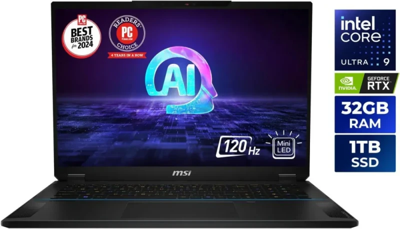 MSI Stealth 18 AI Studio A1VHG-008US 18" UHD+ Mini LED 120Hz Gaming Laptop Intel Core Ultra 9 185H 16-Core GeForce RTX 4080 12GB GDDR6 32GB DDR5 1TB NVMe SSD Wi-Fi 7 Thunderbolt 4 RGB Keyboard Windows 11 Home - Core Black - Featured Image