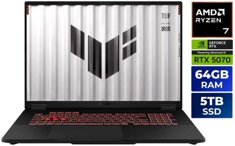 ASUS TUF Gaming A18 18" 240Hz 2.5K IPS Gaming Laptop AMD Ryzen 7 260 8-Core up to 5.1GHz NVIDIA GeForce RTX 5070 8GB GDDR7 64GB DDR5 RAM 5TB PCIe NVMe SSD Wi-Fi 6E RGB Backlit Keyboard Windows 11 Home - Jaeger Gray (FA808UP-NS74) - Featured Image