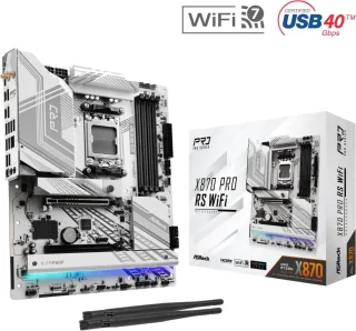 ASRock X870 Pro RS WiFi AM5 ATX Motherboard AMD X870 Chipset DDR5 PCIe 5.0 x16 Slot 4x M.2 Gen5/Gen4 Slots SATA 6Gb/s Realtek 2.5G LAN Wi-Fi 6E Bluetooth 5.2 Realtek ALC1220 Audio USB 3.2 Gen2x2 Type-C Blazing M.2 Heatsink Polychrome RGB Tool-less Design - White