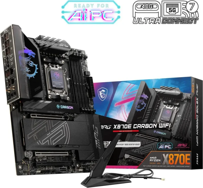 MSI MPG X870E CARBON WIFI AM5 ATX Motherboard AMD X870E Chipset DDR5 up to 8400+ MT/s (OC) PCIe 5.0 x16 Dual M.2 Gen5 Slots SATA 6Gb/s 5G LAN Wi-Fi 7 Bluetooth 5.4 Realtek ALC4080 Audio Carbon Fiber Design 18+2+1 Duet Rail 90A VRM Mystic Light RGB EZ DIY Features - Black - Featured Image