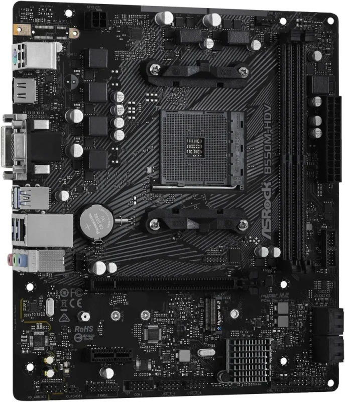ASRock B550M-HDV AM4 AMD B550 Micro ATX Motherboard DDR4 up to 4733+(OC) PCIe 4.0 x16 M.2 Gen4 Slot 6x SATA 6Gb/s Realtek Gigabit LAN HDMI DVI-D D-Sub Outputs Realtek ALC887 Audio 6 Power Phase Design Polychrome RGB Headers - Black - Featured Image