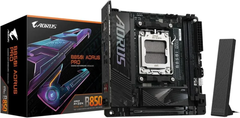 GIGABYTE B850I AORUS PRO AM5 Mini-ITX Motherboard AMD B850 Chipset DDR5 PCIe 5.0 x16 Slot 2x M.2 Gen5/Gen4 Slots Wi-Fi 7 Bluetooth 5.4 2.5GbE LAN Realtek ALC1220 Audio USB 3.2 Gen2x2 Type-C Front Header EZ-Latch Design Q-Flash Plus RGB Fusion 5-Year Warranty - Black - Featured Image