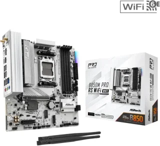 ASRock B850M Pro RS WiFi White AM5 Micro ATX Motherboard AMD B850 Chipset DDR5 PCIe 5.0 x16 Slot 3x M.2 Gen5/Gen4 Slots SATA 6Gb/s Realtek 2.5G LAN Wi-Fi 6E Bluetooth 5.2 Realtek ALC897 Audio USB 3.2 Gen2 Type-C Polychrome RGB Nahimic Audio - White