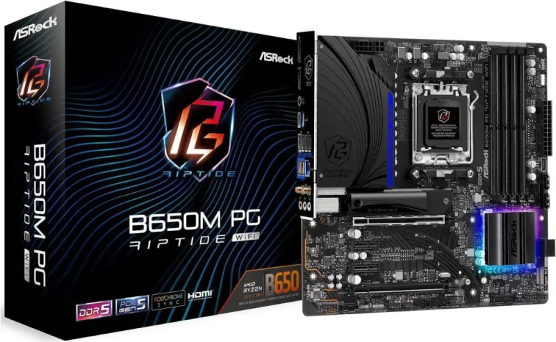 ASRock B650M PG Riptide WiFi AM5 Micro ATX Motherboard AMD B650 Chipset 4x DDR5 Slots Dual Channel up to 7200+(OC) 2x PCIe 4.0 x16 Slots (x16/x4) 2x M.2 PCIe Gen4 Slots 2.5GbE LAN Wi-Fi 6E + Bluetooth 7.1 CH Nahimic Audio Rear USB 3.2 Gen2x2 Type-C 12+2+1 Phase 60A Dr.MOS VRM Polychrome RGB - Black/Silver - Featured Image