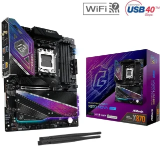 ASRock Phantom Gaming X870 Nova WiFi AM5 ATX Motherboard AMD X870 Chipset DDR5 up to 8200+(OC) PCIe 5.0 x16 Slot 5x M.2 (1x Gen5x4) 6x SATA3 Realtek 5G LAN Wi-Fi 7 Bluetooth 5.4 Realtek ALC4082 Audio USB4 40Gbps 20+2+1 Phase 110A SPS VRM Tool-less M.2 Heatsink Polychrome RGB Phantom Gaming Tuning - Black