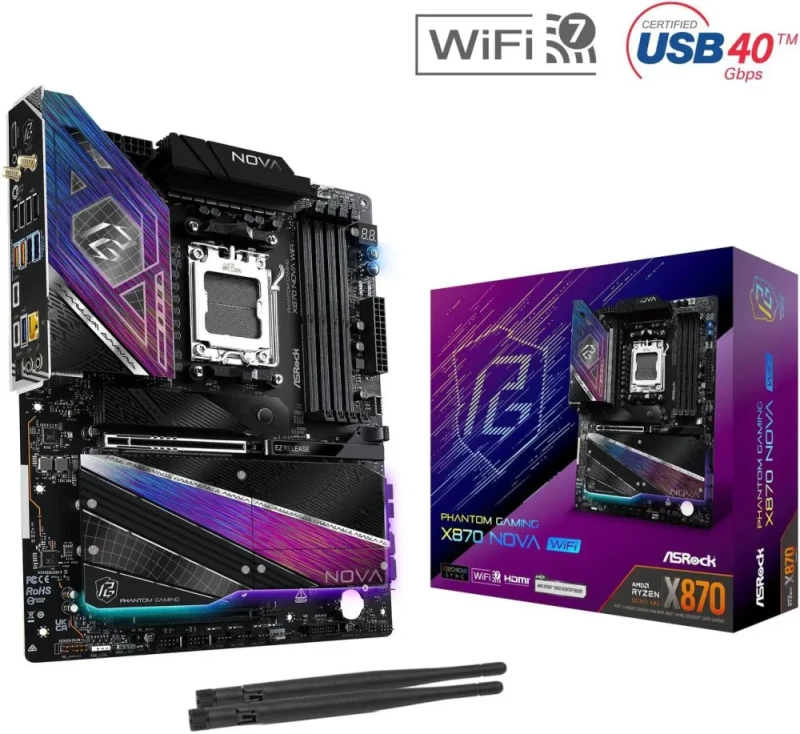 ASRock Phantom Gaming X870 Nova WiFi AM5 ATX Motherboard AMD X870 Chipset DDR5 up to 8200+(OC) PCIe 5.0 x16 Slot 5x M.2 (1x Gen5x4) 6x SATA3 Realtek 5G LAN Wi-Fi 7 Bluetooth 5.4 Realtek ALC4082 Audio USB4 40Gbps 20+2+1 Phase 110A SPS VRM Tool-less M.2 Heatsink Polychrome RGB Phantom Gaming Tuning - Black - Featured Image