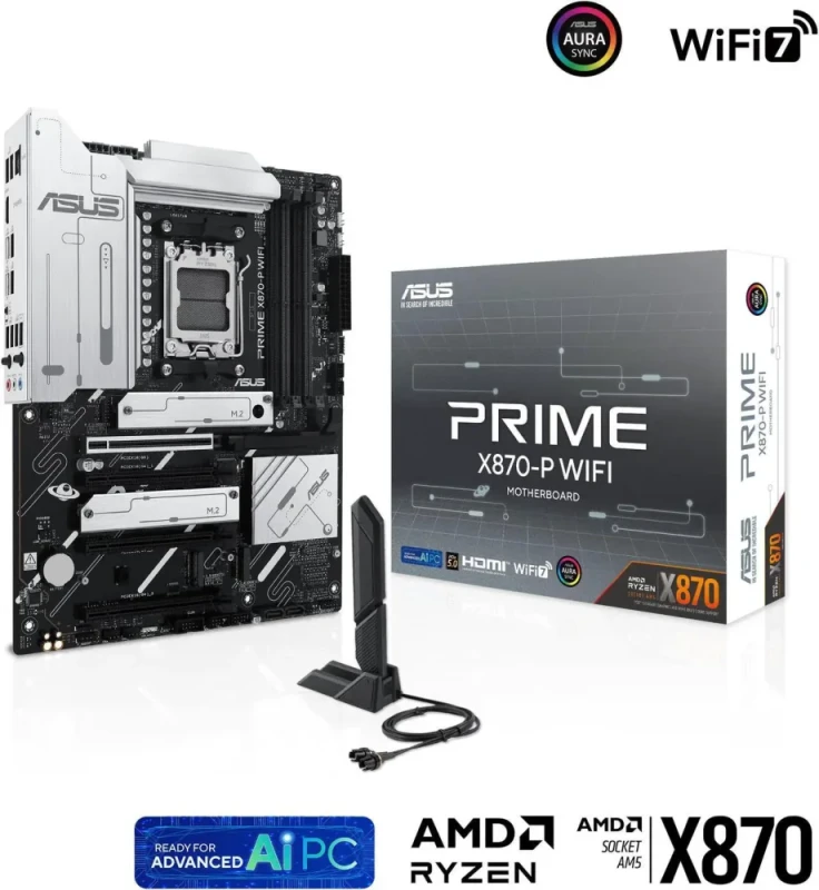 ASUS PRIME X870-P WIFI AM5 ATX Motherboard AMD X870 Chipset DDR5 up to 8000+(OC) PCIe 5.0 x16 Slot with Q-Release 4x M.2 (1x Gen5) Slots Wi-Fi 7 Q-Antenna 2.5GbE LAN USB4 40Gbps Front USB Type-C BIOS FlashBack 14+2+1 Phase 80A DrMOS VRM Realtek Audio Aura Sync RGB - Black - Featured Image