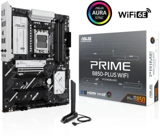 ASUS PRIME B850-PLUS WIFI AM5 ATX Motherboard AMD B850 Chipset DDR5 PCIe 5.0 x16 Slot 3x M.2 (1x Gen5) Slots Wi-Fi 6E 2.5GbE LAN Realtek Audio DisplayPort HDMI Front USB 10Gbps Type-C & Type-A BIOS FlashBack Aura Sync RGB AI Advisor Q-LED 14+2+1 Phase VRM - Black