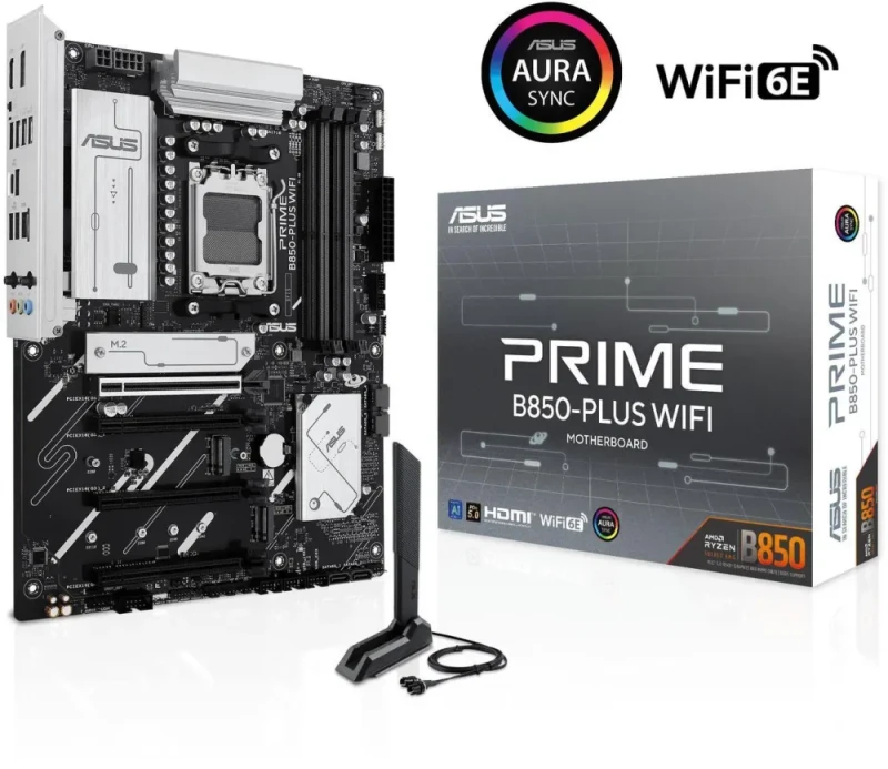 ASUS PRIME B850-PLUS WIFI AM5 ATX Motherboard AMD B850 Chipset DDR5 PCIe 5.0 x16 Slot 3x M.2 (1x Gen5) Slots Wi-Fi 6E 2.5GbE LAN Realtek Audio DisplayPort HDMI Front USB 10Gbps Type-C & Type-A BIOS FlashBack Aura Sync RGB AI Advisor Q-LED 14+2+1 Phase VRM - Black - Featured Image