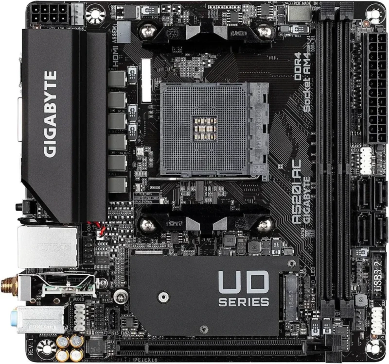 GIGABYTE A520I AC AM4 Mini-ITX Motherboard AMD A520 Chipset DDR4 up to 5100+(OC) Direct 6 Phases Digital PWM 55A DrMOS PCIe 3.0 x16 Slot NVMe PCIe 3.0 x4 M.2 Realtek GbE Gaming LAN Intel Dual Band 802.11ac WiFi + Bluetooth 4.2 HDMI 2.1 DisplayPort D-Sub RGB Fusion 2.0 Q-Flash Plus Smart Fan 5 - Black - Featured Image