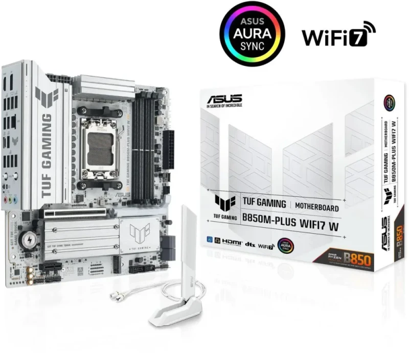 ASUS TUF GAMING B850M-PLUS WIFI AM5 Micro ATX Motherboard AMD B850 Chipset DDR5 PCIe 5.0 x16 Slot 3x M.2 (1x Gen5) Slots Wi-Fi 7 2.5GbE Realtek LAN DisplayPort HDMI Rear USB 20Gbps Type-C Front USB 10Gbps Type-C 14+2+1 Phase 80A DrMOS VRM Military-Grade Components TUF Chokes Aura Sync RGB BIOS FlashBack - Black - Featured Image