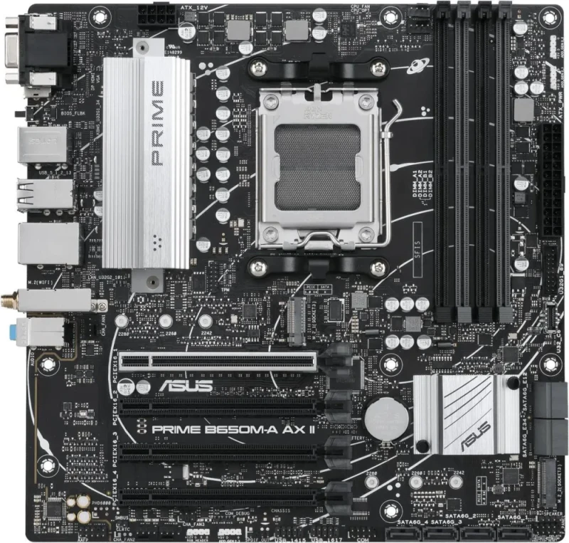 ASUS PRIME B650M-A AX II AM5 Micro ATX Motherboard AMD B650 Chipset DDR5 up to 6400+(OC) PCIe 5.0 M.2 Support Realtek 2.5Gb Ethernet Wi-Fi 6 Bluetooth 5.2 DisplayPort HDMI Rear USB 3.2 Gen 2 Ports Front USB 3.2 Gen 1 Type-C Aura Sync RGB BIOS FlashBack 8+2 Phase VRM - Black - Featured Image