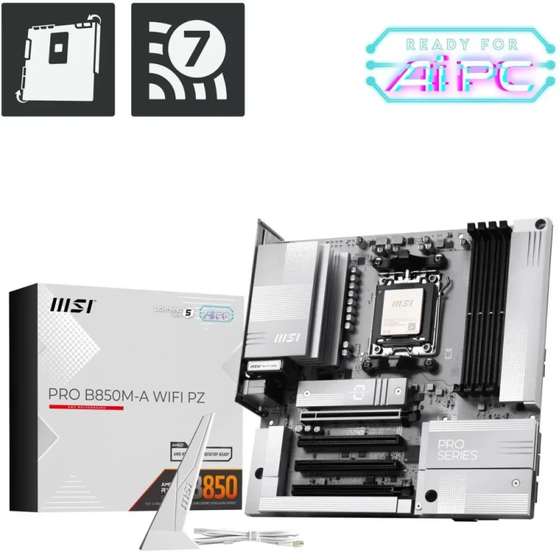 MSI PRO B850M-A WIFI PZ AM5 Micro ATX Back-Connect Motherboard AMD B850 Chipset DDR5 PCIe 5.0 x16 M.2 Gen5 Slots SATA 6Gb/s HDMI DisplayPort 2.5G LAN Wi-Fi 6E Bluetooth 5.3 Realtek ALC897 Audio USB 3.2 Gen2x2 Type-C Extended Heatsink Mystic Light EZ DIY Rear I/O Design - Black - Featured Image