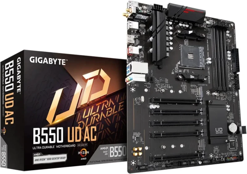 GIGABYTE B550 UD AC AM4 AMD B550 ATX Motherboard DDR4 up to 4733+(OC) PCIe 4.0 x16 Slot M.2 PCIe 4.0 Realtek GbE LAN Intel Dual Band 802.11ac WiFi + Bluetooth 4.2 HDMI DisplayPort RGB Fusion 2.0 Smart Fan 6 Q-Flash Plus 8+3 Phases Digital VRM USB 3.2 Gen1 - Black - Featured Image