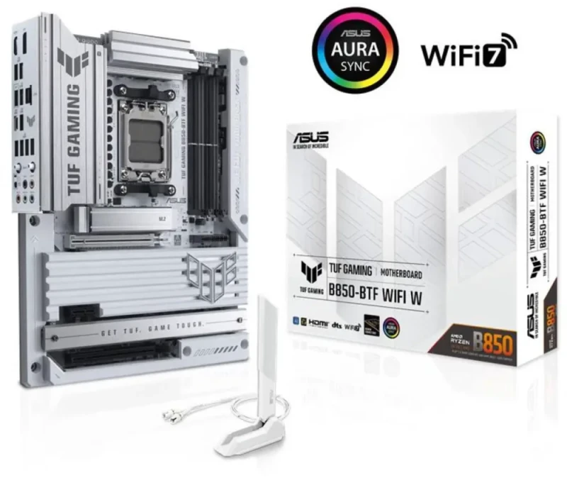 ASUS TUF GAMING B850-BTF WIFI W AM5 ATX Back-Connect Motherboard AMD B850 Chipset Hidden Connector Design DDR5 PCIe 5.0 x16 Slot 3x M.2 (1x Gen5) Slots Wi-Fi 7 2.5GbE Realtek LAN DisplayPort HDMI Rear USB 20Gbps Type-C 14+2+1 Phase 80A DrMOS VRM Military-Grade TUF Components Aura Sync RGB BIOS FlashBack - White - Featured Image