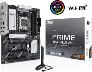 ASUS PRIME B840-PLUS WIFI AM5 ATX Motherboard AMD B840 Chipset Advanced AI Ready DDR5 PCIe 4.0 x16 Slot 3x M.2 Slots Wi-Fi 6E 2.5GbE Realtek LAN DisplayPort HDMI Rear USB 10Gbps Type-A & Type-C Front USB Type-C BIOS FlashBack Aura Sync RGB Q-LED 12+2 Phase VRM - Black