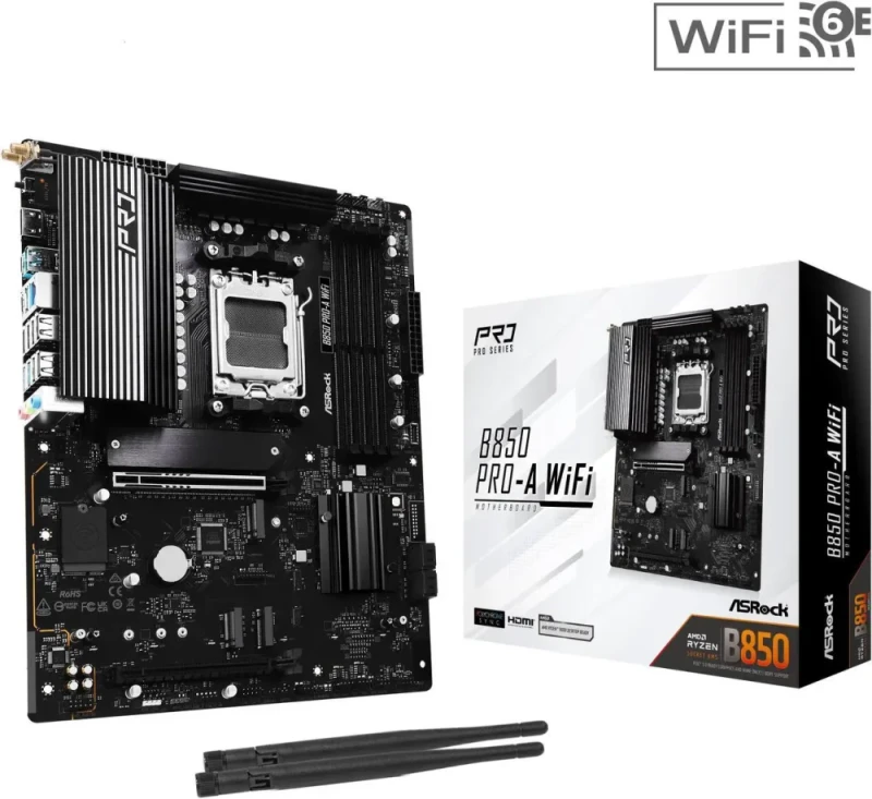 ASRock B850 Pro-A WiFi AM5 ATX Motherboard AMD B850 Chipset DDR5 up to 8000+(OC) PCIe 5.0 x16 Slot 4x M.2 (1x Gen5x4) Slots SATA 6Gb/s Realtek 2.5G LAN Wi-Fi 6E Bluetooth 5.2 Realtek ALC897 Audio USB 3.2 Gen2x2 Type-C Blazing M.2 Heatsink Polychrome RGB Nahimic Audio - Silver/Black - Featured Image