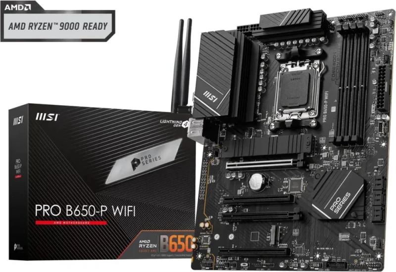 MSI PRO B650-P WIFI AM5 ATX Motherboard AMD B650 Chipset DDR5 up to 7200+(OC) PCIe 4.0 x16 M.2 Gen4 Slots SATA 6Gb/s 2.5G LAN Wi-Fi 6E Bluetooth 5.2 Realtek ALC897 Audio USB 3.2 Gen2x2 Type-C Extended Heatsink Mystic Light EZ DIY Features Supports Ryzen 9000/8000/7000 Series - Black - Featured Image