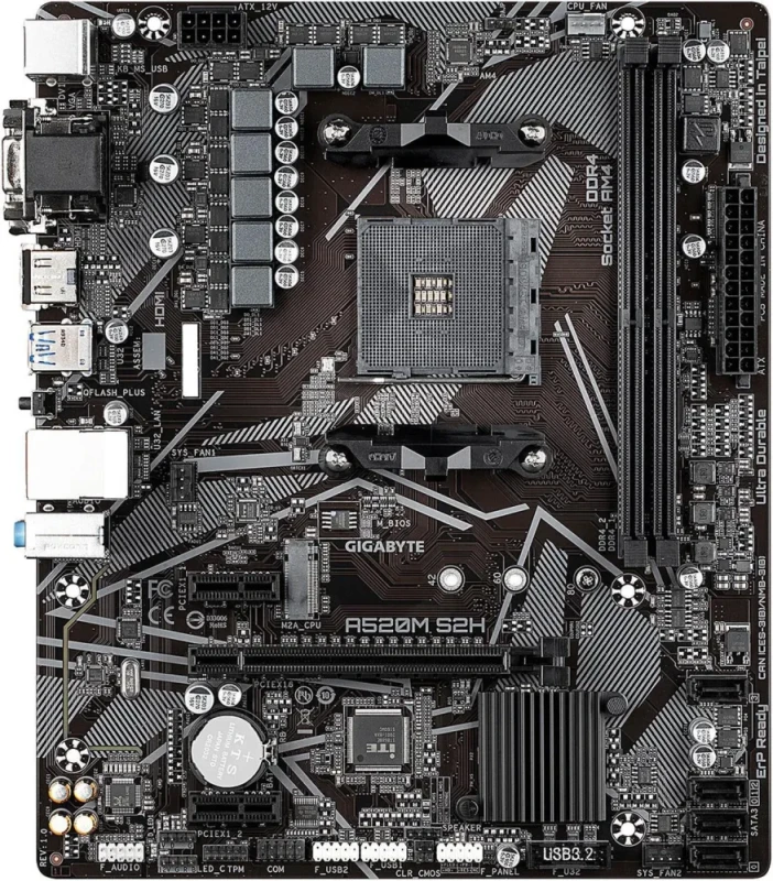 GIGABYTE A520M S2H AM4 Micro ATX Motherboard AMD A520 Chipset DDR4 up to 5100+(OC) 4+3 Phases Digital PWM PCIe 3.0 x16 Slot NVMe PCIe 3.0 x4 M.2 Realtek GbE Gaming LAN HDMI DVI-D VGA RGB Fusion 2.0 Q-Flash Plus Smart Fan 5 Anti-Sulfur Resistors - Black - Featured Image