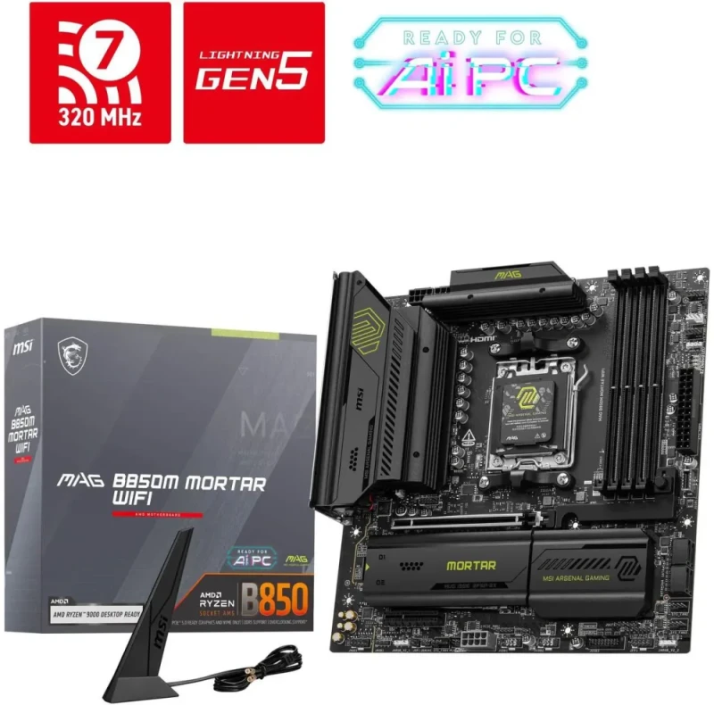 MSI MAG B850M MORTAR WIFI AM5 Micro ATX Motherboard AMD B850 Chipset DDR5 PCIe 5.0 x16 M.2 Gen5 Slots SATA 6Gb/s 2.5G LAN Wi-Fi 7 Bluetooth 5.4 Realtek ALC897 Audio USB 3.2 Gen2x2 Type-C Extended Heatsink Mystic Light RGB EZ DIY Features Silver Design - Silver/Black - Featured Image