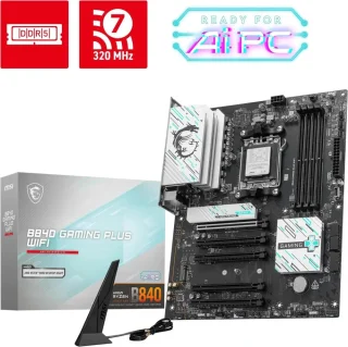 MSI B840 GAMING PLUS WIFI AM5 ATX Motherboard AMD B840 Chipset DDR5 PCIe 4.0 x16 Dual M.2 Gen4 Slots SATA 6Gb/s 2.5G LAN Wi-Fi 7 Bluetooth 5.4 Realtek ALC897 Audio USB 3.2 Gen2x2 Type-C Extended Heatsink Mystic Light RGB EZ DIY Features Gaming Design - Black