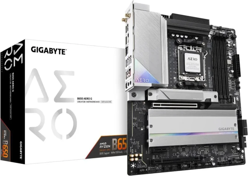 GIGABYTE B650 AERO G AM5 ATX Motherboard AMD B650 Chipset DDR5 PCIe 5.0 x16 Slot PCIe 5.0 M.2 Slots Wi-Fi 6E Bluetooth 5.2 Intel 2.5GbE LAN USB 3.2 Gen2x2 Type-C VisionLINK HDMI DisplayPort Twin 12+2+2 Phases Digital VRM Q-Flash Plus EZ-Latch RGB Fusion 5-Year Warranty - White - Featured Image
