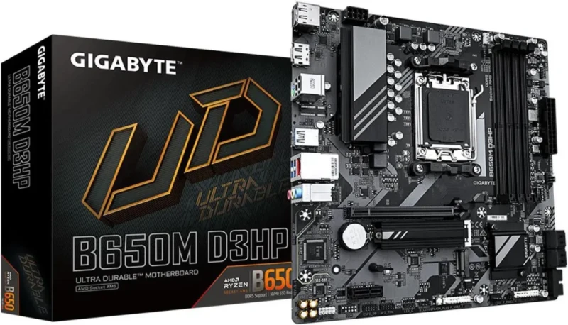 GIGABYTE B650M D3HP AM5 Micro ATX Motherboard AMD B650 Chipset DDR5 up to 7600+(OC) PCIe 4.0 x16 Slot 2x M.2 PCIe 4.0 x4 Slots Realtek 2.5GbE LAN HDMI DisplayPort Front USB 3.2 Gen2 Type-C Q-Flash Plus RGB Fusion Smart Fan 6 8+2+1 Phases Digital VRM 5-Year Warranty - Black - Featured Image