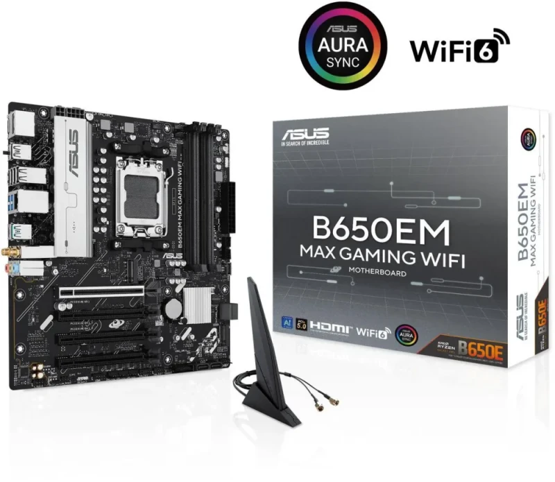 ASUS B650EM MAX GAMING WIFI AM5 Micro ATX Motherboard AMD B650 Chipset DDR5 PCIe 5.0 x16 Slot Three M.2 Slots (1x Gen5) Wi-Fi 6 Realtek 1GbE LAN DisplayPort HDMI Rear USB 10Gbps Type-A & Type-C Aura Sync RGB BIOS FlashBack 12+2 Phase VRM Realtek Audio - Black - Featured Image