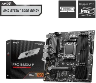 MSI PRO B650M-P AM5 Micro ATX Motherboard AMD B650 Chipset DDR5 up to 7200+(OC) PCIe 4.0 x16 Slot 2x M.2 Gen4 Slots SATA 6Gb/s 2.5G LAN Realtek ALC897 7.1 Audio USB 3.2 Gen2 Type-C Extended Heatsink Core Boost BIOS FlashBack Supports Ryzen 9000/8000/7000 Series - Black