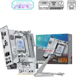 MSI MPG X870I EDGE TI EVO WIFI AM5 Mini-ITX Motherboard AMD X870 Chipset DDR5 PCIe 5.0 x16 Slot M.2 Gen5 Slots SATA 6Gb/s 5G LAN Wi-Fi 7 Bluetooth 5.4 Realtek ALC4080 Audio USB4 40Gbps Thunderbolt 4 Titanium Design 14+2+1 Duet Rail 90A VRM Mystic Light RGB EZ DIY Features - Silver/White