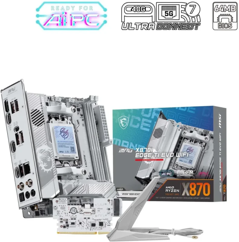 MSI MPG X870I EDGE TI EVO WIFI AM5 Mini-ITX Motherboard AMD X870 Chipset DDR5 PCIe 5.0 x16 Slot M.2 Gen5 Slots SATA 6Gb/s 5G LAN Wi-Fi 7 Bluetooth 5.4 Realtek ALC4080 Audio USB4 40Gbps Thunderbolt 4 Titanium Design 14+2+1 Duet Rail 90A VRM Mystic Light RGB EZ DIY Features - Silver/White - Featured Image
