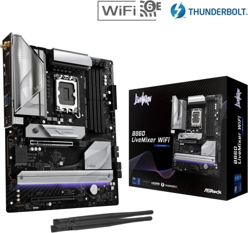 ASRock B860 LiveMixer WiFi LGA 1851 Intel B860 ATX Motherboard DDR5 PCIe 5.0 x16 Slot 4x M.2 Gen4 Slots SATA 6Gb/s Realtek 2.5G LAN Wi-Fi 6E Bluetooth 5.2 Realtek ALC1220 Audio USB 3.2 Gen2x2 Type-C Polychrome RGB LiveMixer Design Supports Intel Core Ultra Series 2 Processors - Purple/Black - Featured Image