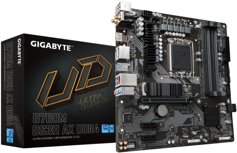 GIGABYTE B760M DS3H AX DDR4 LGA 1700 Intel B760 Micro ATX Motherboard DDR4 up to 5333+(OC) Dual M.2 PCIe 4.0 Slots PCIe 4.0 x16 with EZ-Latch Wi-Fi 6E Bluetooth 5.3 Realtek 2.5GbE LAN USB 3.2 Gen2 Type-C Q-Flash Plus RGB Fusion Smart Fan 6 6+2+1 Phases Hybrid VRM - Black - Featured Image