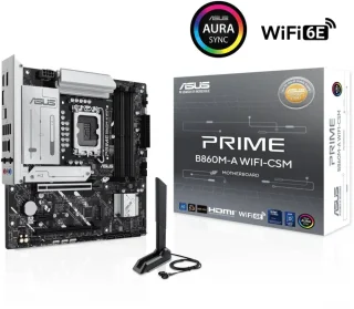 ASUS PRIME B860M-A WIFI-CSM LGA 1851 Intel B860 Micro ATX Motherboard Core Ultra Series 2 Ready Advanced AI PC-Ready DDR5 PCIe 5.0 x16 Slot 7+1+1+1 Phase VRM 2x M.2 Slots Wi-Fi 6E 2.5GbE Realtek LAN HDMI DisplayPort Rear USB 20Gbps Type-C Aura Sync RGB BIOS FlashBack - Black