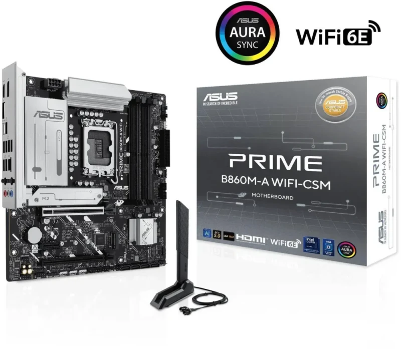 ASUS PRIME B860M-A WIFI-CSM LGA 1851 Intel B860 Micro ATX Motherboard Core Ultra Series 2 Ready Advanced AI PC-Ready DDR5 PCIe 5.0 x16 Slot 7+1+1+1 Phase VRM 2x M.2 Slots Wi-Fi 6E 2.5GbE Realtek LAN HDMI DisplayPort Rear USB 20Gbps Type-C Aura Sync RGB BIOS FlashBack - Black - Featured Image