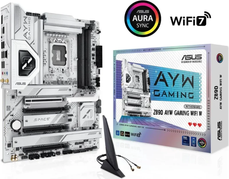 ASUS Z890 AYW GAMING WIFI W LGA 1851 Intel Z890 ATX Motherboard Core Ultra Series 2 Ready Advanced AI PC-Ready DDR5 PCIe 5.0 x16 Slot 4x M.2 Slots Thunderbolt 4 Wi-Fi 7 2.5GbE Realtek LAN USB 20Gbps Type-C Front Header 16+1+2+1 Phase VRM Aura Sync RGB BIOS FlashBack White Edition - White - Featured Image