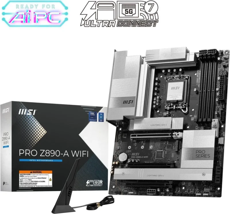 MSI PRO Z890-A WIFI LGA 1851 Intel Z890 ATX Motherboard DDR5 PCIe 5.0 x16 Slot Multiple M.2 Gen5 Slots SATA 6Gb/s Wi-Fi 7 Bluetooth 5.4 2.5G LAN Realtek ALC897 Audio USB 3.2 Gen2x2 Type-C Extended Heatsink Mystic Light EZ DIY Features Supports Intel Core Ultra Series 2 Processors - Black - Featured Image